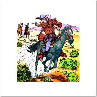 Cody Of The Pony Express 1955 chase and shooting of cowboys on horseback running at maximum speed through the desert wild west cowboy shootout retro vintage comic Posters and Art